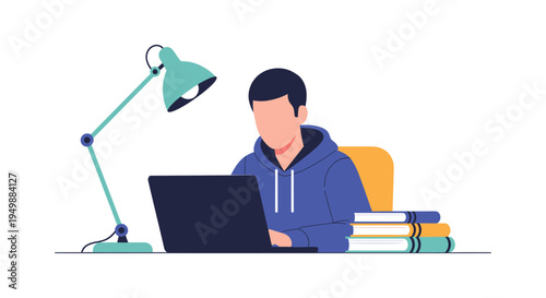 Man studying on laptop with books and lamp