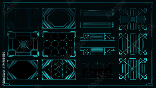 Futuristic user interface elements in a dark geometric arrangement