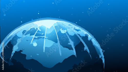A translucent globe depicting continents illuminated by a bright light source