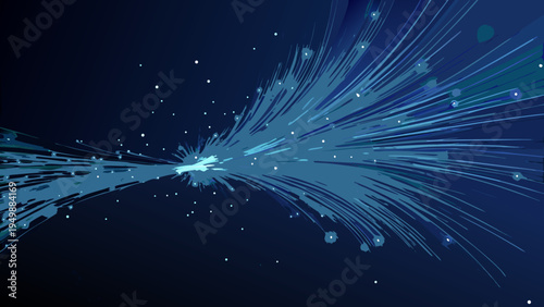 Abstract explosion of blue light and particles against a dark background