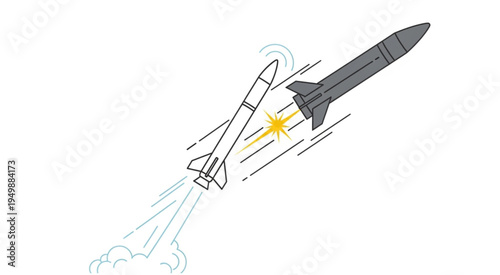Missile Interception Illustration - Two Rockets Colliding Mid-Air with Impact.