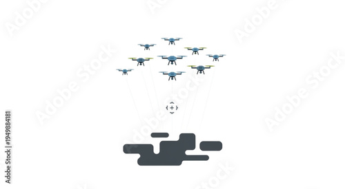 Drones swarm over a target, illustrating autonomous technology and surveillance.