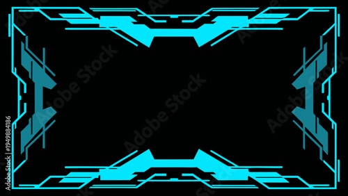 Abstract cyan frame with geometric shapes and a black background