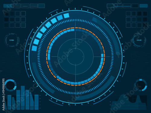 Abstract technological interface with circular radar and data visualization elements