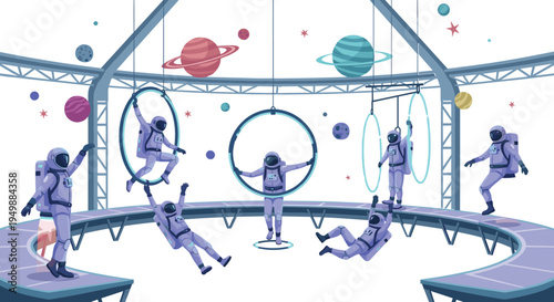 Astronaut Training in Space Station with Zero Gravity Exercises, Cosmic Gym Equipment and Planets Outer Space Vector Illustration