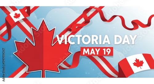 Victoria day celebration background with canadian flags and maple leaf on blue gradient