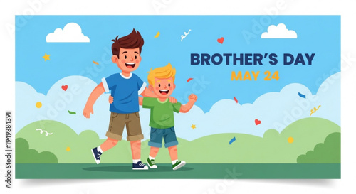 Happy brothers running together outdoors on brothers day celebrating sibling love and friendship in a sunny landscape