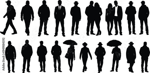 People silhouette collection set, walking standing men women crowd figures umbrella urban lifestyle black vector illustration bundle