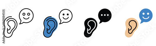 Active listening icon set, communication and understanding symbols showing listening, dialogue, feedback, and empathy