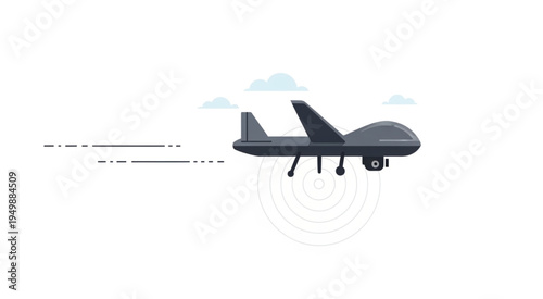 Illustration of a gray drone flying in the sky.
