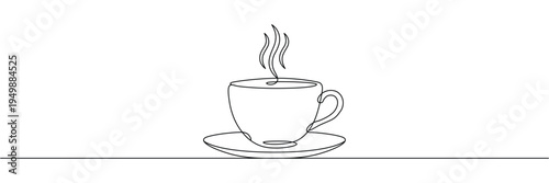 Continuous one line drawing of a hot coffee cup with steam on a saucer. Editable stroke outline. Draw thin linear width. Single contour art. Doodle hand drawn vector illustration