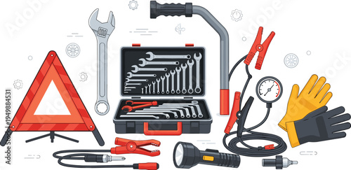 Car Emergency Repair Kit with Wrenches, Jumper Cables, Warning Triangle, Flashlight and Safety Gloves Roadside Assistance Tools Vector Illustration