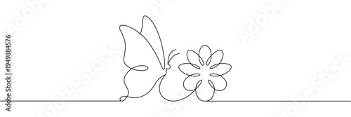 Continuous one line drawing of a butterfly flying towards a blooming flower in minimalist style. Editable stroke outline. Single contour art. Doodle hand drawn vector illustration
