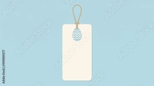 Blank cream vertical rectangular gift tag with a light blue patterned Easter egg cut-out and a brown twine loop, on a soft blue background, vector illustration for spring holiday sales and