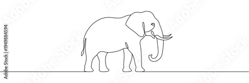 Continuous one line drawing of a large elephant standing in a minimalist profile view. Editable stroke outline. Draw thin linear width. Single contour art. Doodle hand drawn vector illustration