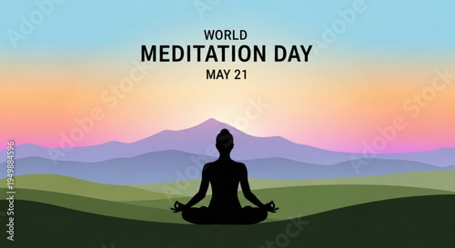 Person meditates in lotus position on green hill at sunset world meditation day may 21 serene landscape with mountains