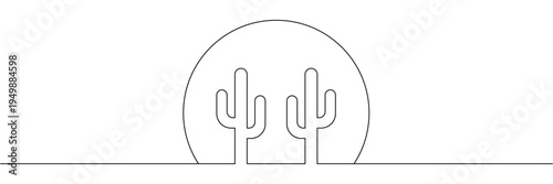 Minimalist continuous one line drawing of two desert cacti in front of a large rising sun. Editable stroke outline. Draw thin linear width. Single contour art. Doodle hand drawn vector illustration