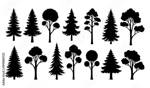 Black Forest Tree Silhouette Vector Set with 15 Woodland Nature Tree Icons