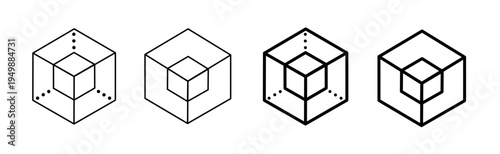 Set of isometric cube icons with transparent and solid line styles, perfect for geometric and abstract designs