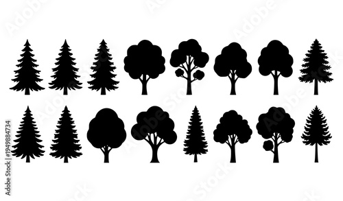 Minimal Forest Tree Silhouette Icons Collection with 15 Black Woodland Trees Vector Set