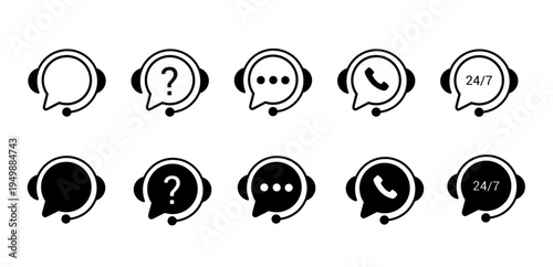 Customer service and technical support icon set featuring speech bubbles with headsets, phone symbols, question marks, and 24/7 availability