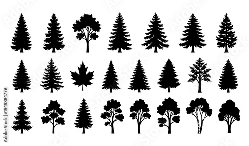 Forest Tree Silhouette Icon Set of 15 Black Nature Trees Vector Collection Isolated on White