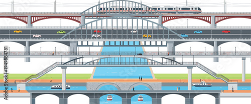 Multi Level Transportation Bridge with Train, Cars, Pedestrian Walkway and River Boats Urban Infrastructure Cross Section Vector Illustration