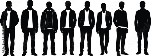 Men standing silhouettes collection, casual and business male people poses vector illustration set, modern male characters isolated pack