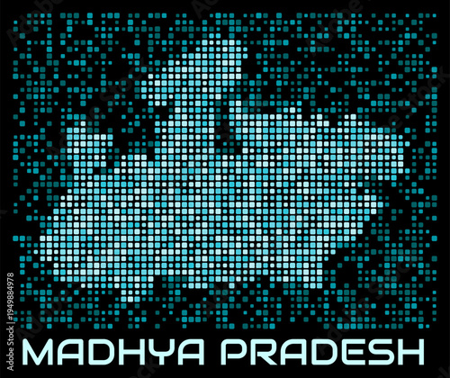 Madhya Pradesh, India digital dotted map. Shape of the state in cyan color palette on dark background. Futuristic Madhya Pradesh, India map design. Vector illustration.