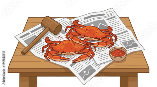Two crabs on newspaper with mallet and sauce on wooden table indoors