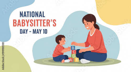 Woman babysitter and little boy playing blocks on national babysitter's day may 10