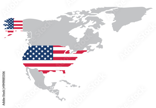Vector map of North America and Greenland. The US territory is shaded in the colors of the national flag.