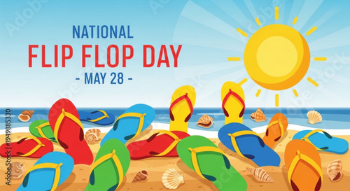 National flip flop day celebration on a sunny beach with colorful flip flops and seashells