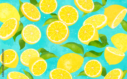 葉付きレモンの散らばる背景1_横
