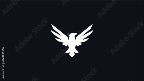 Minimalist white stylized eagle or phoenix emblem with spread wings against a dark background, embodying strength, freedom, and aspiration, perfect for modern logo design