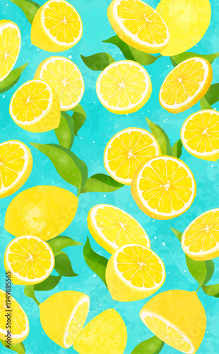 葉付きレモンの散らばる背景1_縦