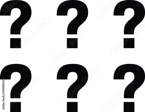 Six black question marks arranged in grid on gray background representing mystery uncertainty questions faq concept minimal design abstract symbol