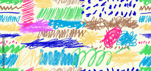 Hand drawn seamless pattern colored charcoal strikethrough lines and doodle underline. Marker stripes, rough brush strokes and pencil sketch lines. Colorful scribble abstract hand drawn elements.