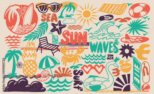 Simple marine wavy groovy naive pattern. Doodle beach, surf icon set with tropical elements such as palm trees, waves, surfboards, sun. Hand drawn of the sea and ocean. Pattern for t-shirts, posters.
