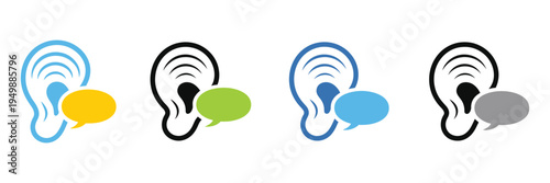 Active listening icon set multiple style collection, vector icons representing attentive communication, empathy, feedback, and conversation in outline, filled