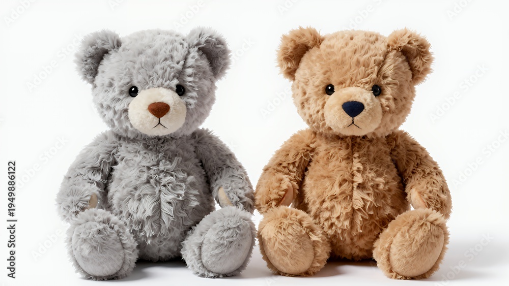Fototapeta premium Cute Fluffy Teddy Bears in Brown and Gray Sitting Side by Side on a White Background