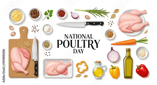 National Poultry Day flat lay illustration with various chicken cuts, spices, and vegetables on a clean white background, highlighting the poultry industry and meat production concept.
