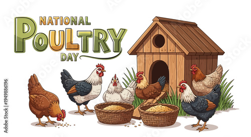 Illustration of chickens and a coop on National Poultry Day with baskets of feed, a colorful vector design celebrating poultry farming and the poultry industry.