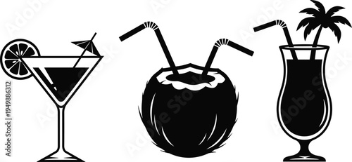 Tropical cocktail and coconut drink icons, summer beverage silhouettes set, exotic refreshment party bar menu vector illustration