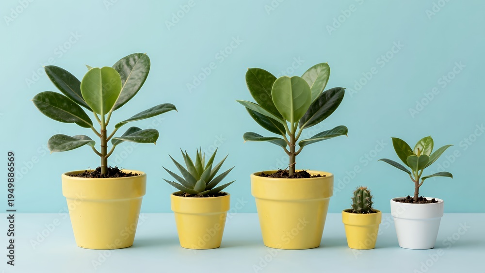 Obraz premium Five Potted Houseplants of Varying Sizes on a Light Blue Background for Decorative Use