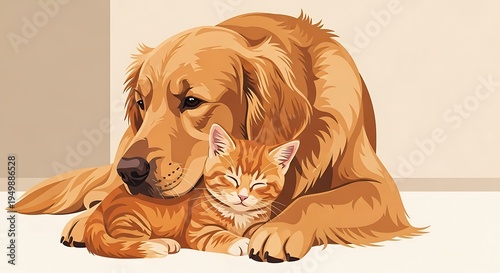 Golden Retriever Dog and Ginger Cat Cuddling Together in a Warm Embrace.