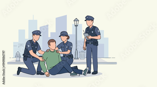 Police Officers Restraining and Assisting a Man on Public City Street Scene