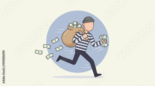 Robber Running with a Money Bag and Cash in Hand, Symbol of Theft or Crime Prevention Insurance Concept