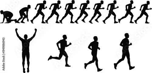 Running man silhouettes sequence, athlete sprint motion steps vector illustration set, male runner jogging training fitness action isolated collection