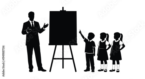 Teacher presenting lesson to young students in classroom, education training concept with blackboard, learning guidance and mentorship illustration for school